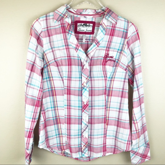 🌿 Guess Plaid Button Down Shirt Size L - Picture 1 of 8